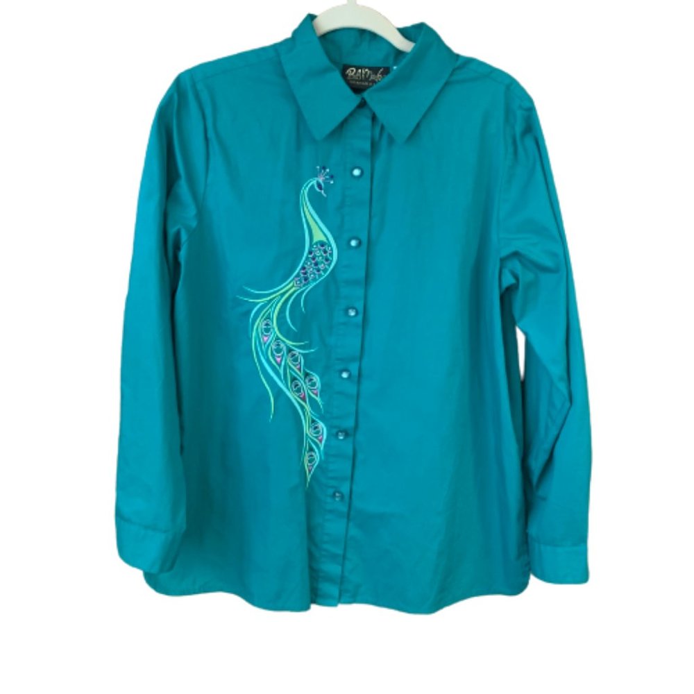 Women's Bob Mackie Teal Peacock Embroidered Long Sleeve Button Down Blouse EUC
